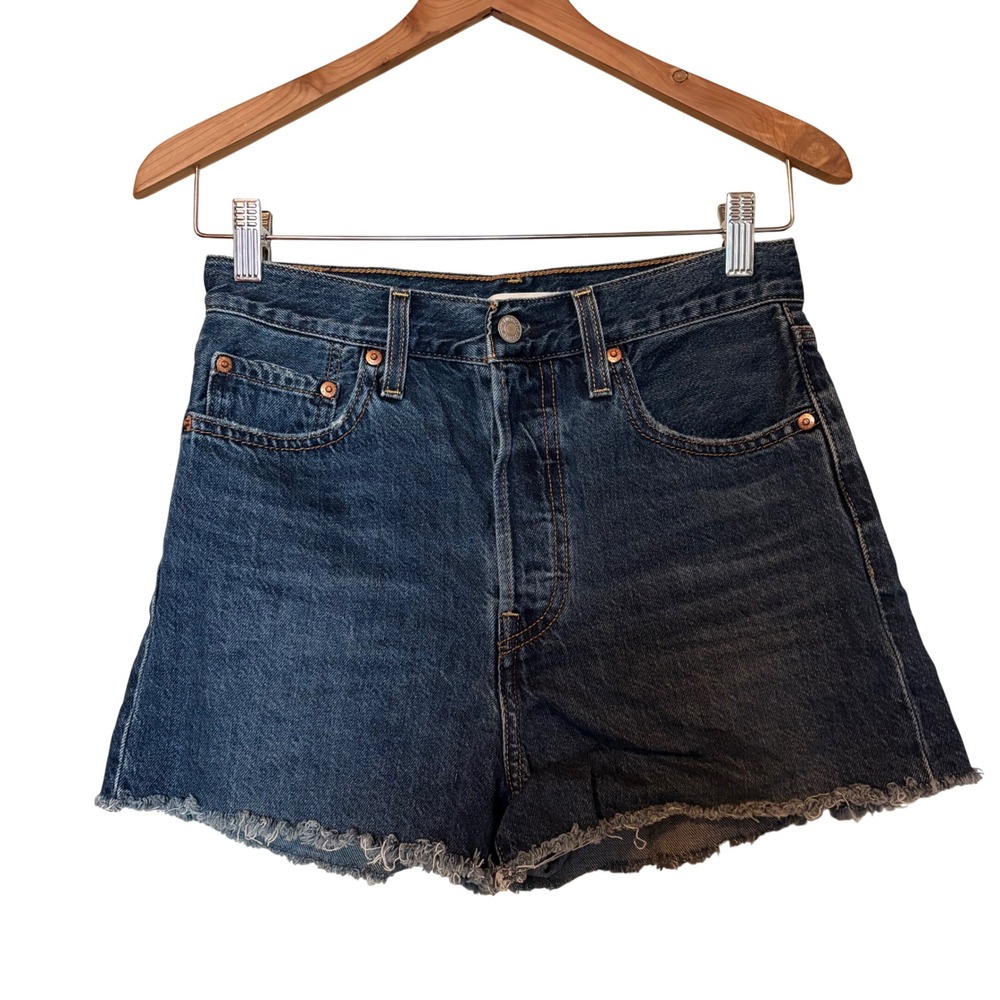 Levis Premium Ribcage Shorts 28‎ Dark Wash Ultra High Rise Raw Hem Denim Cutoffs